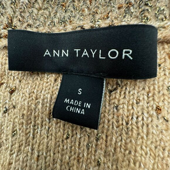 ANN TAYLOR | Womens Small Wool Gold Brown V-Neck Metallic Sparkle Sweater Ribbed - Picture 4 of 8